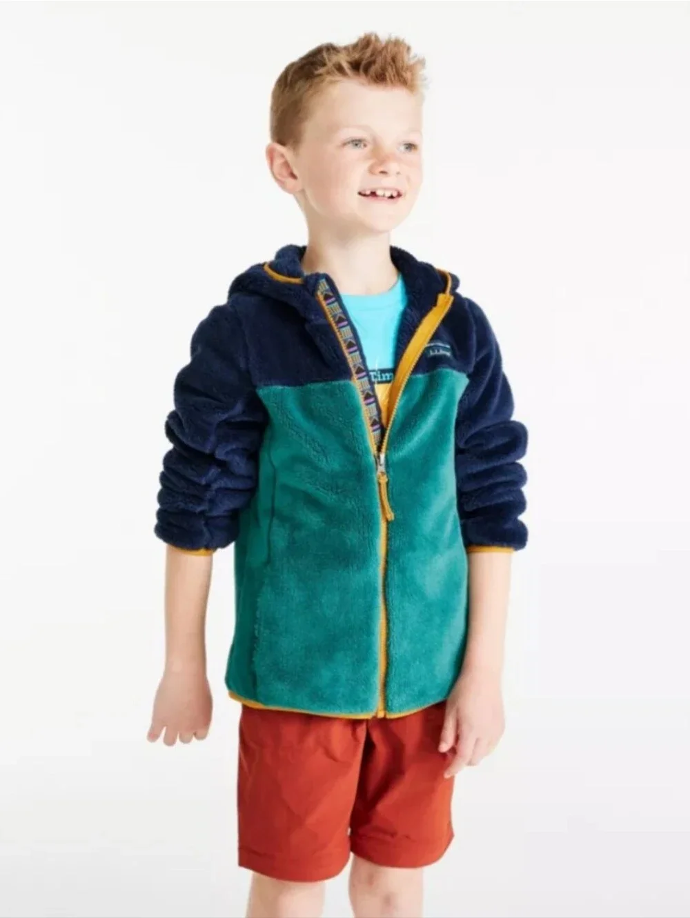 L.L. Bean Kids Hi-Pile color patchwork soft fluffy Fleece Hooded zip up Jacket
